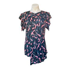 Marni Asymmetrical Pleated Peplum Top Flutter Sleeve Geometric Op Art Print